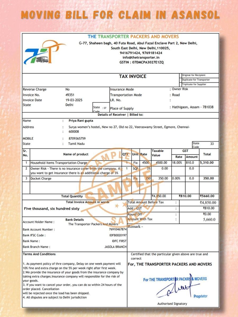 Verified packers and movers bill for claim in Asansol