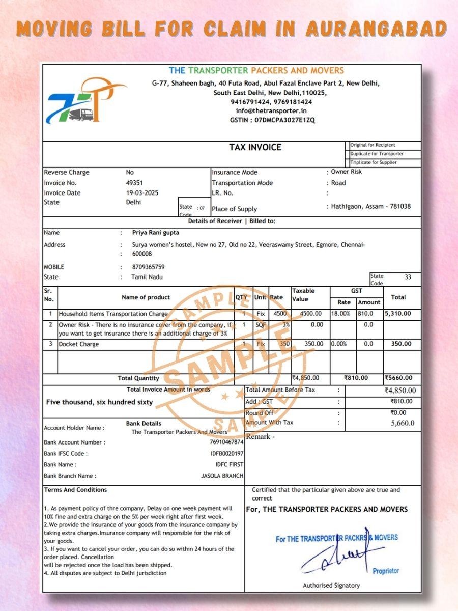 Verified packers and movers bill for claim in Aurangabad