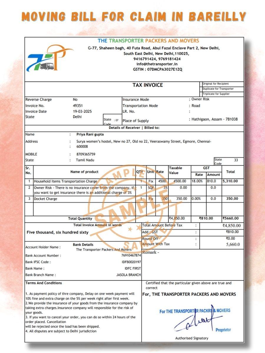 Verified packers and movers bill for claim in Bareilly