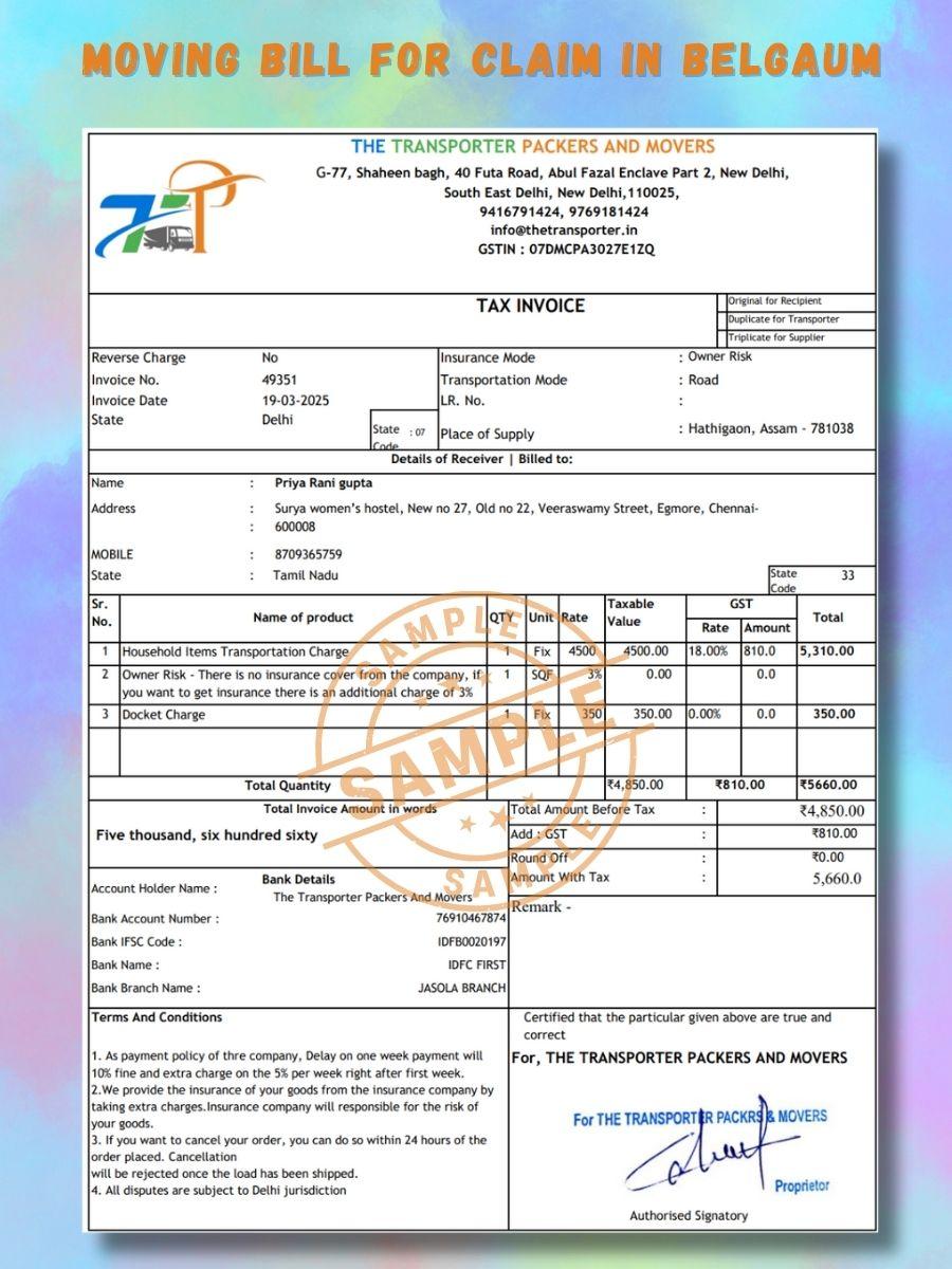 Verified packers and movers bill for claim in Belgaum