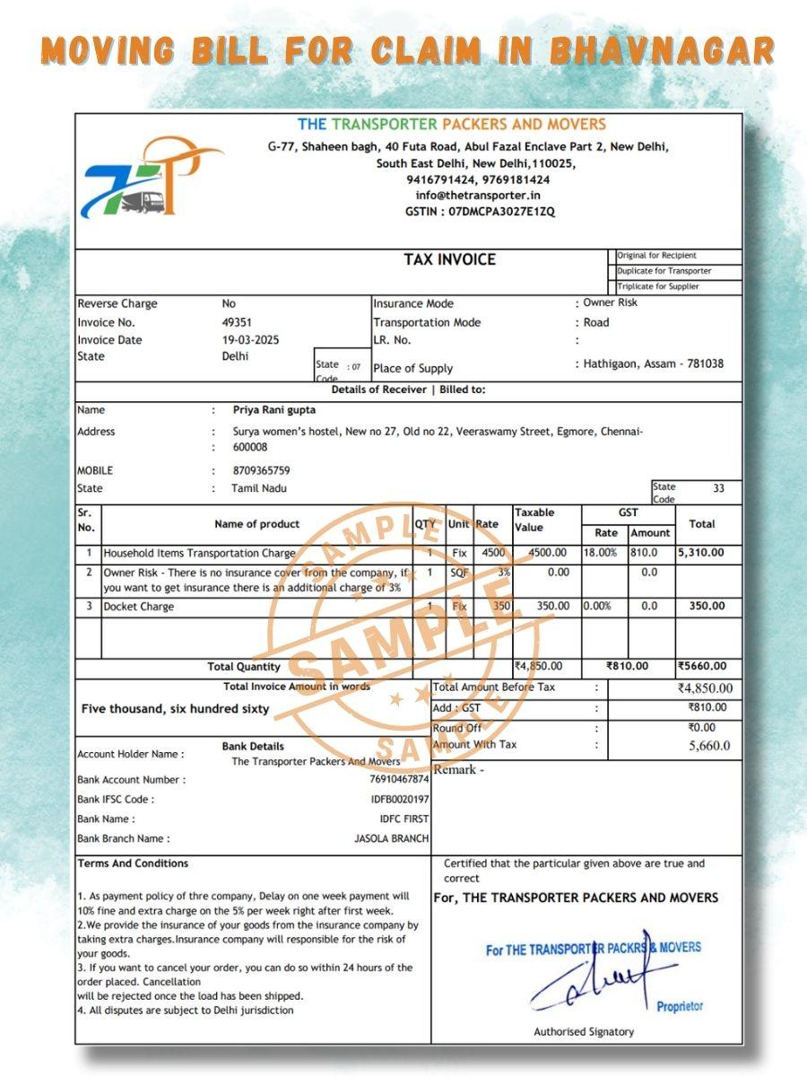 Verified packers and movers bill for claim in Bhavnagar