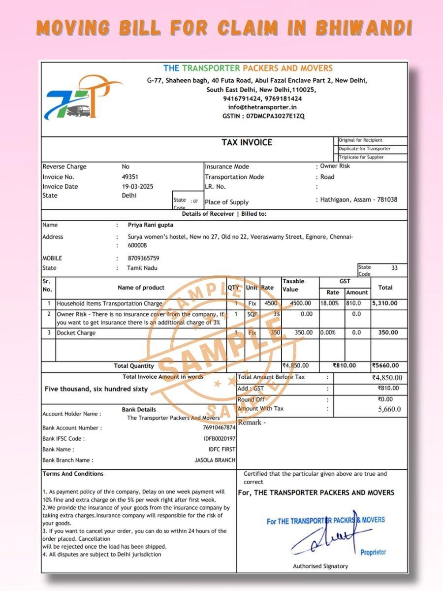 Verified packers and movers bill for claim in Bhiwandi