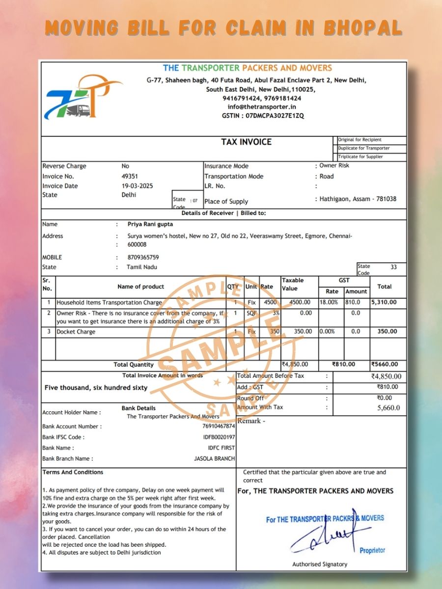 Verified Movers and Packers Bill for Claim in Bhopal