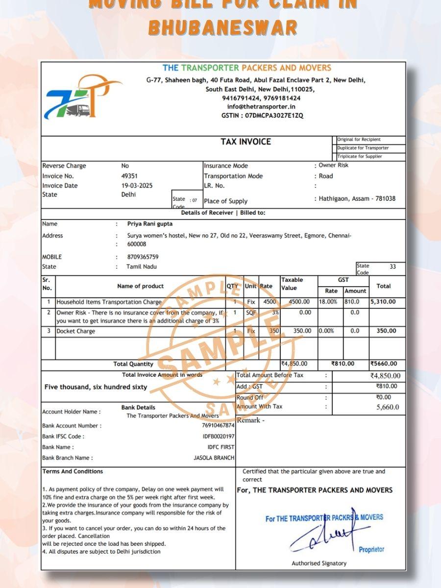 Verified packers and movers bill for claim in Bhubaneswar