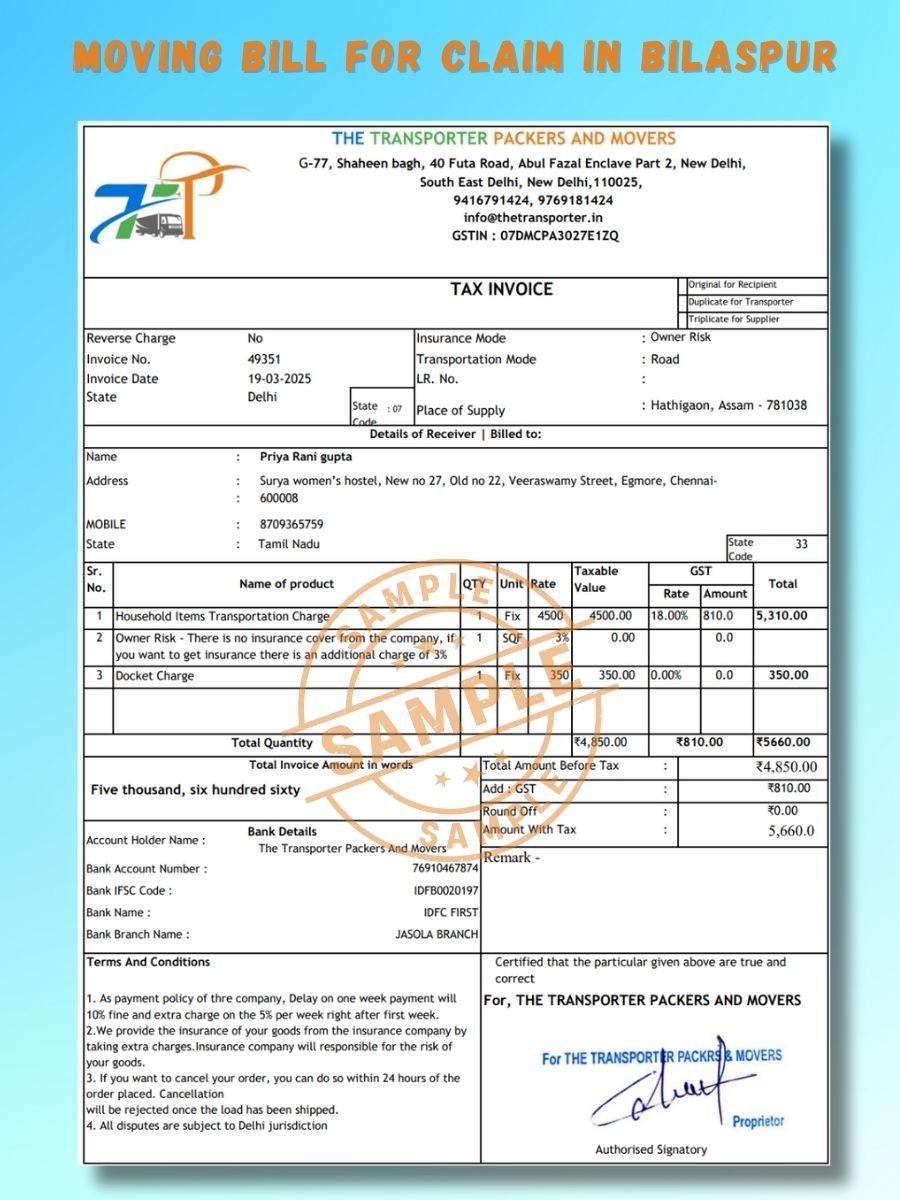 Verified packers and movers bill for claim in Bilaspur