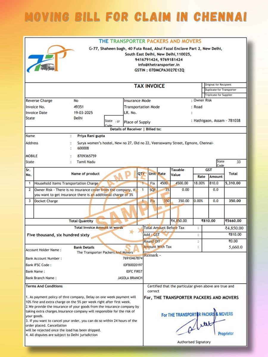 Verified Movers and Packers Bill for Claim in Chennai