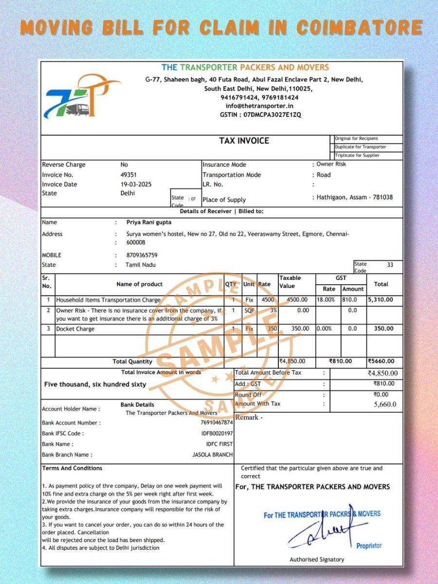 Verified Movers and Packers Bill for Claim in Coimbatore