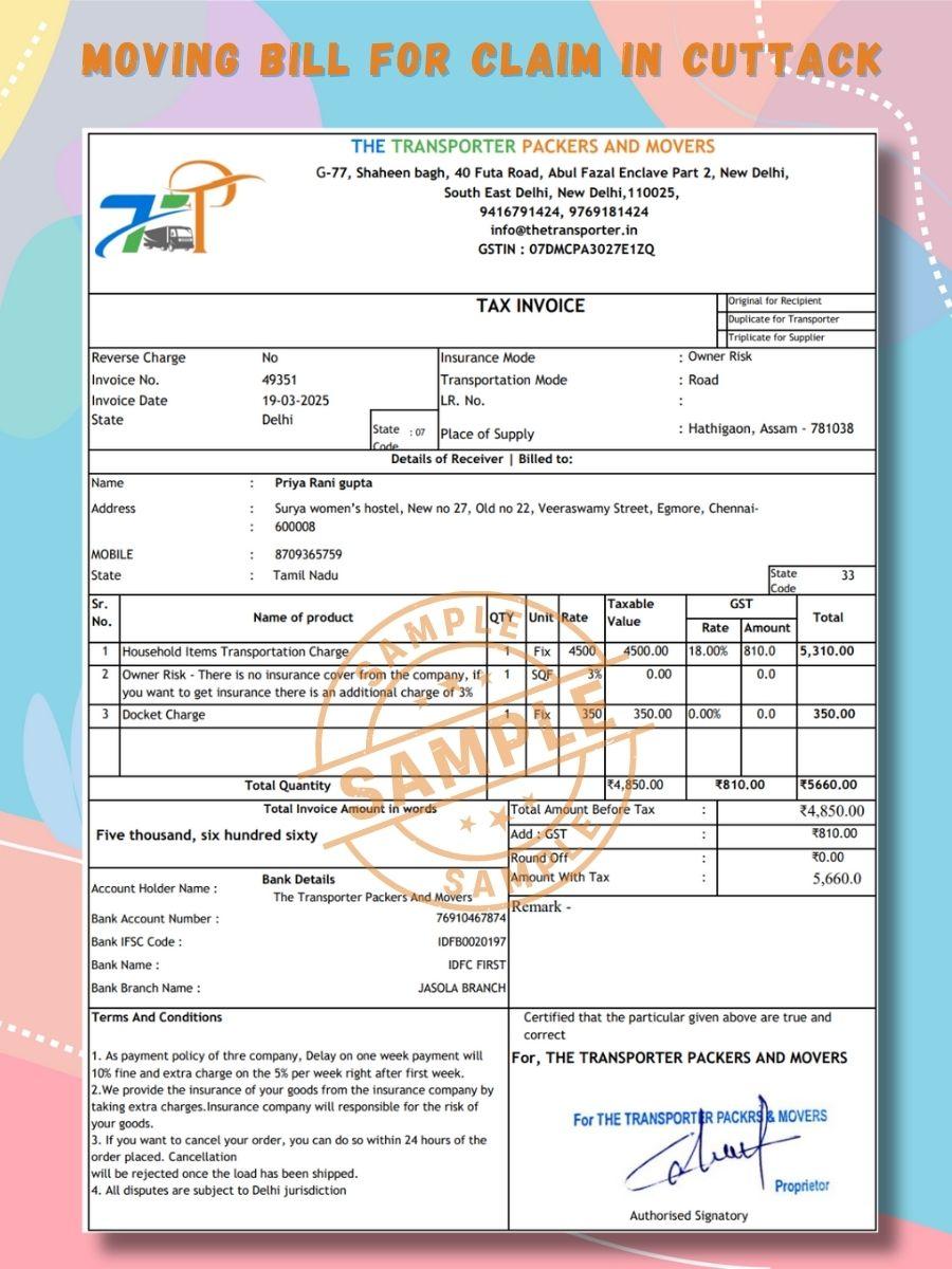 Verified Movers and Packers Bill for Claim in Cuttack