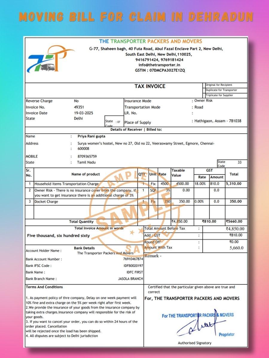 Verified Movers and Packers Bill for Claim in Dehradun