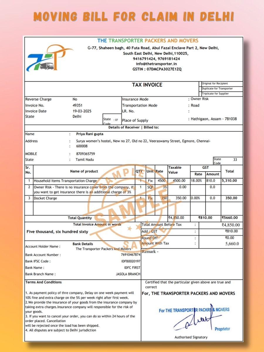 Verified packers and movers bill for claim in Delhi
