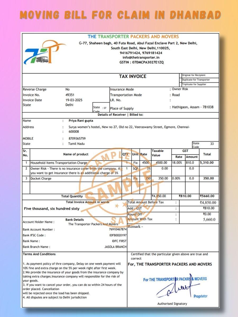 Verified Movers and Packers Bill for Claim in Dhanbad