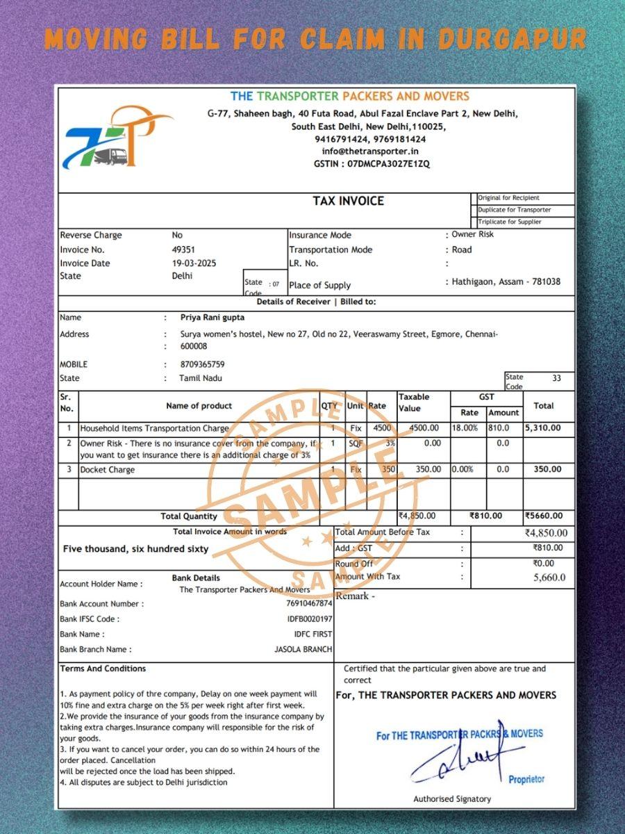 Verified Movers and Packers Bill for Claim in Durgapur