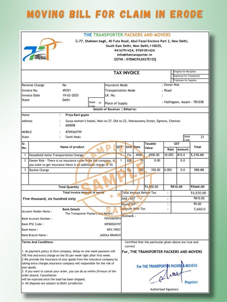 Verified Movers and Packers Bill for Claim in Erode