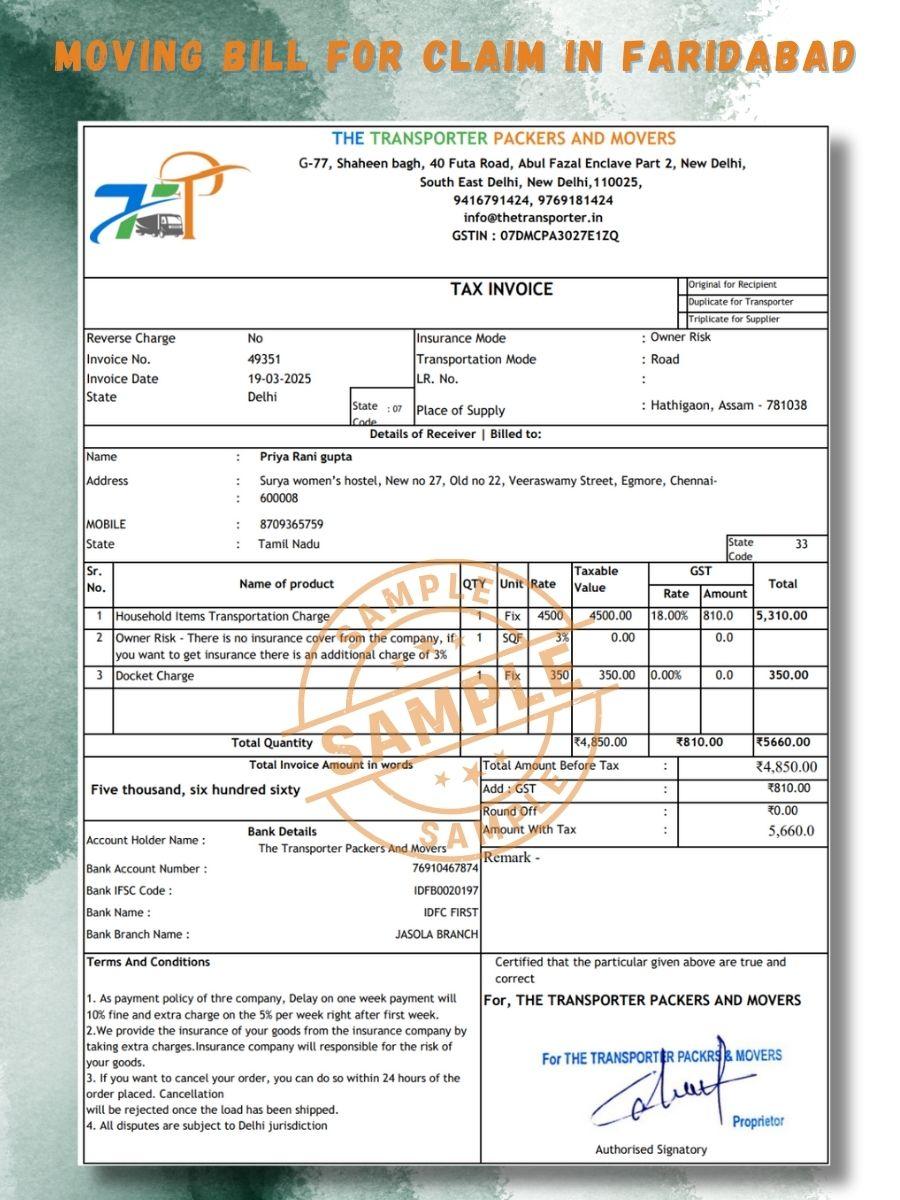 Verified Movers and Packers Bill for Claim in Faridabad