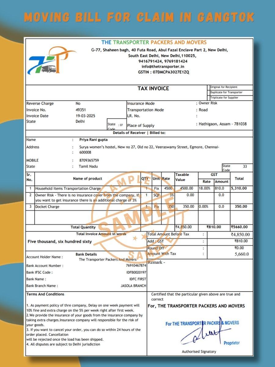 Verified Movers and Packers Bill for Claim in Gangtok