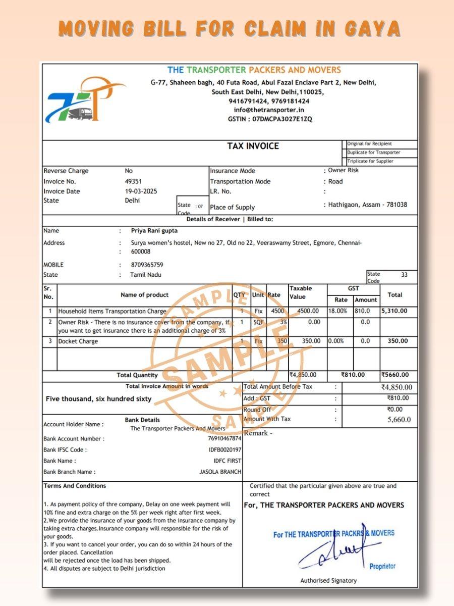 Verified Movers and Packers Bill for Claim in Gaya