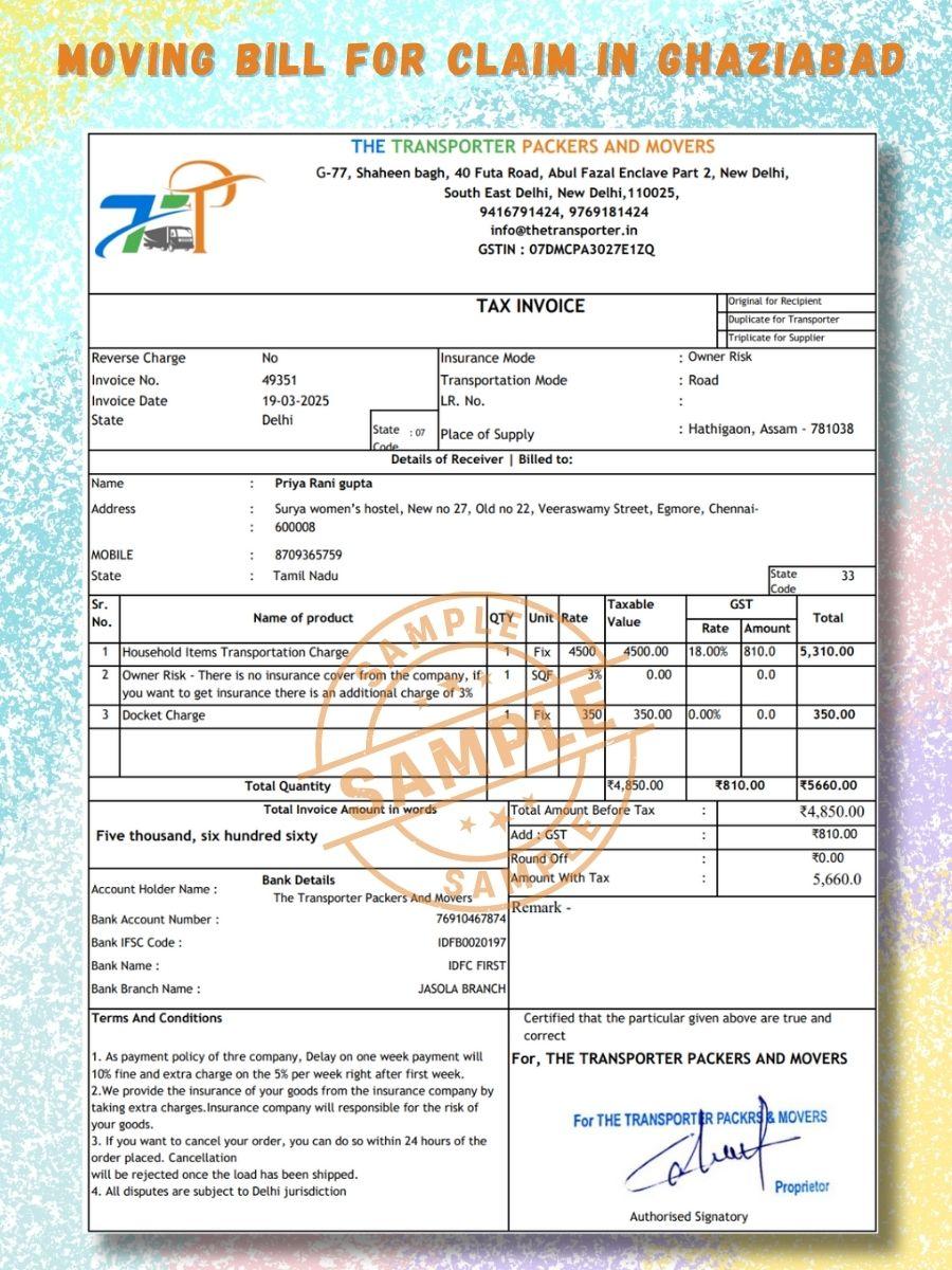 Verified Movers and Packers Bill for Claim in Ghaziabad