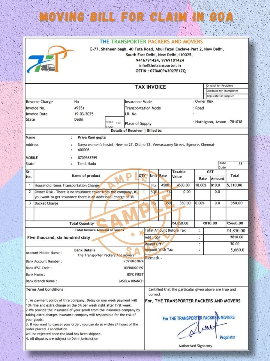 Verified Movers and Packers Bill for Claim in Goa