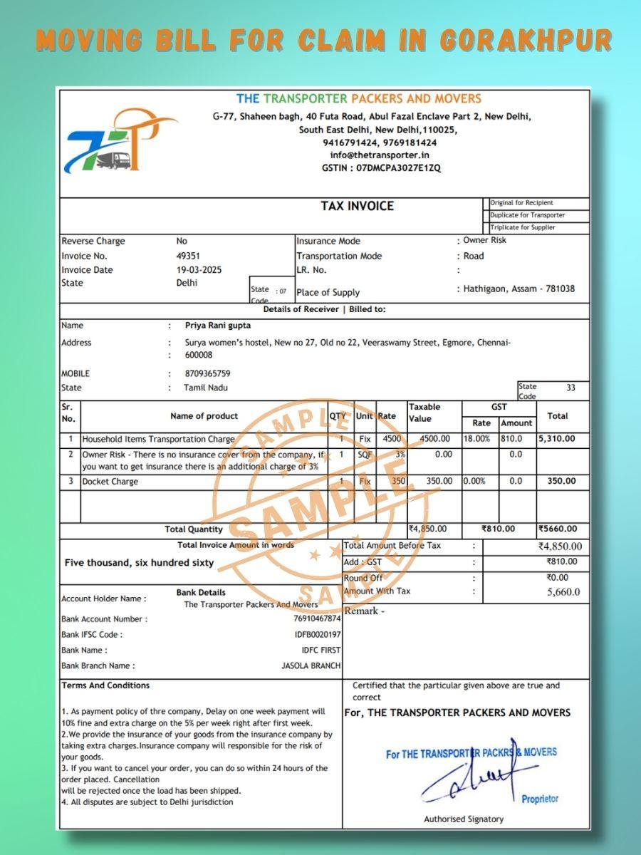 Verified Movers and Packers Bill for Claim in Gorakhpur