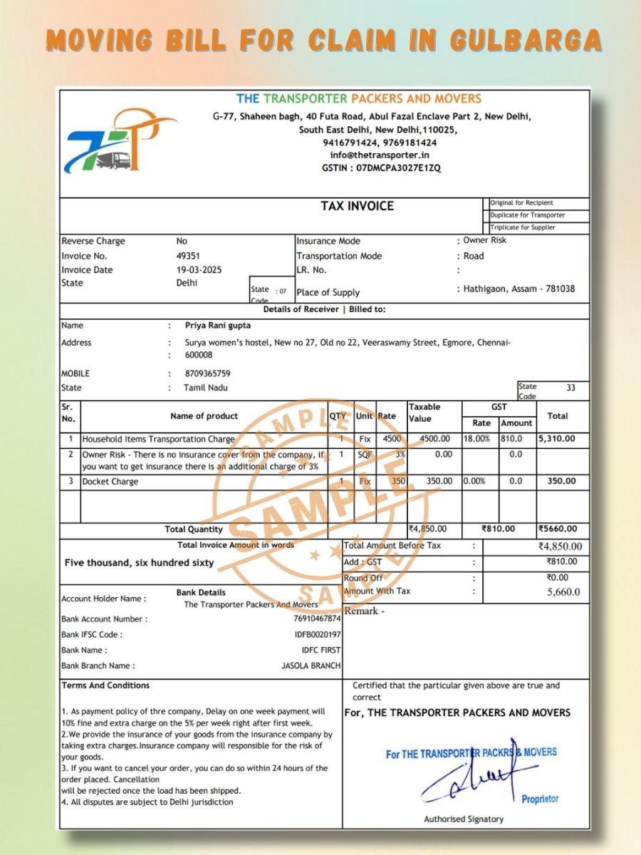 Verified Movers and Packers Bill for Claim in Gulbarga