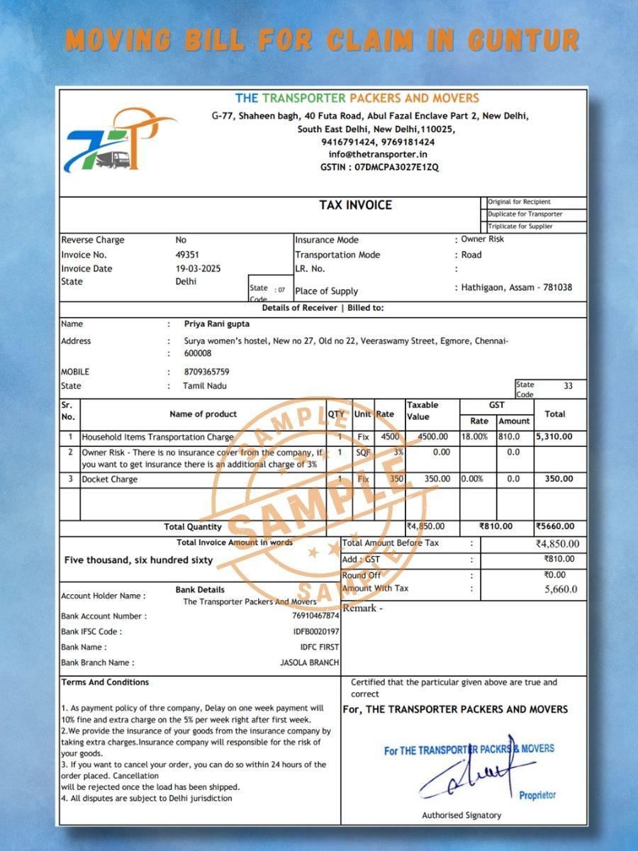Verified Movers and Packers Bill for Claim in Guntur