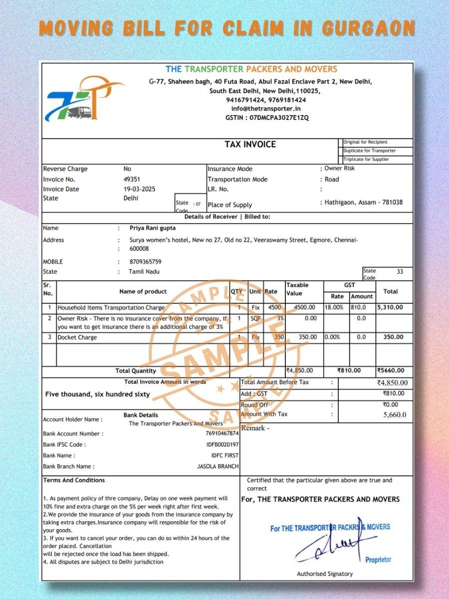 Verified Movers and Packers Bill for Claim in Gurgaon