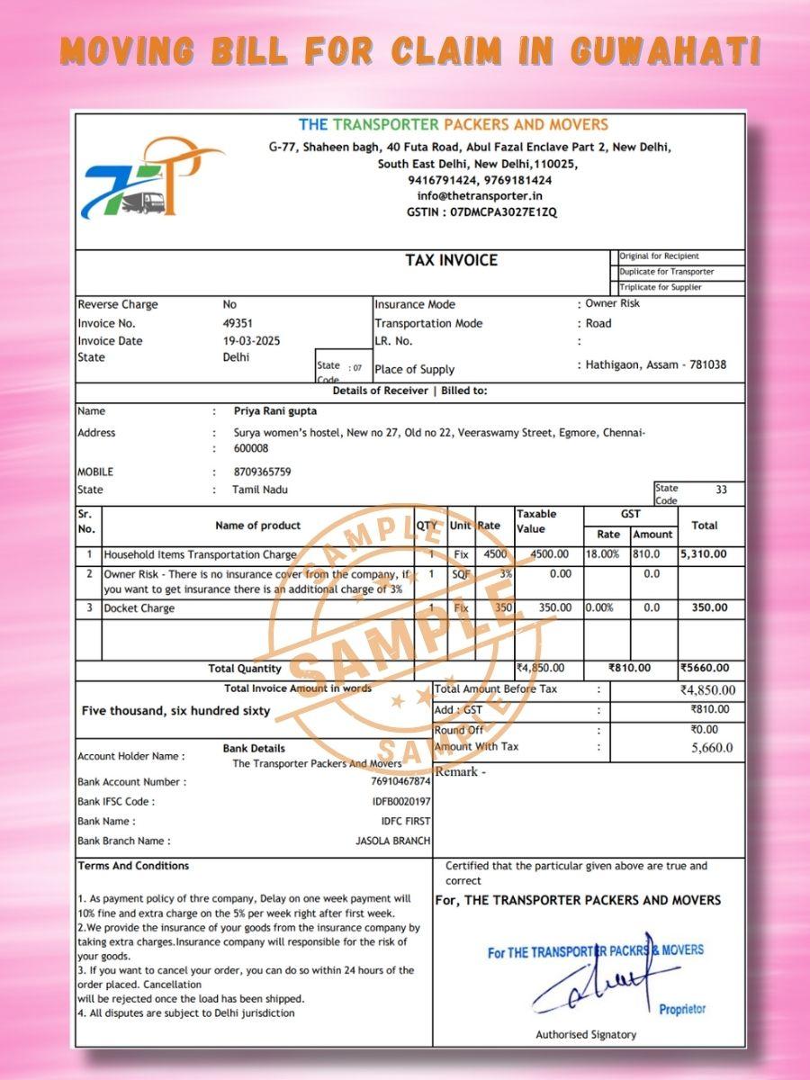 Verified Movers and Packers Bill for Claim in Guwahati