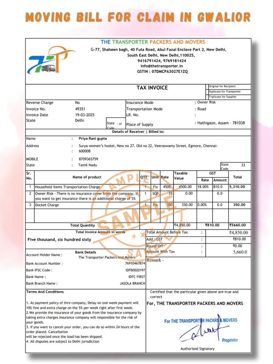 Verified Movers and Packers Bill for Claim in Gwalior