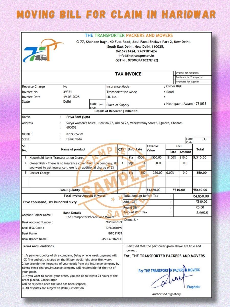 Verified Movers and Packers Bill for Claim in Haridwar
