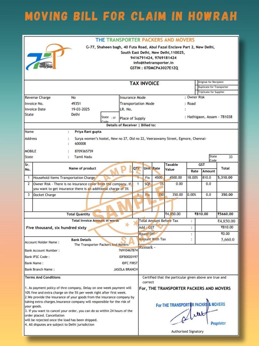 Verified Movers and Packers Bill for Claim in Howrah