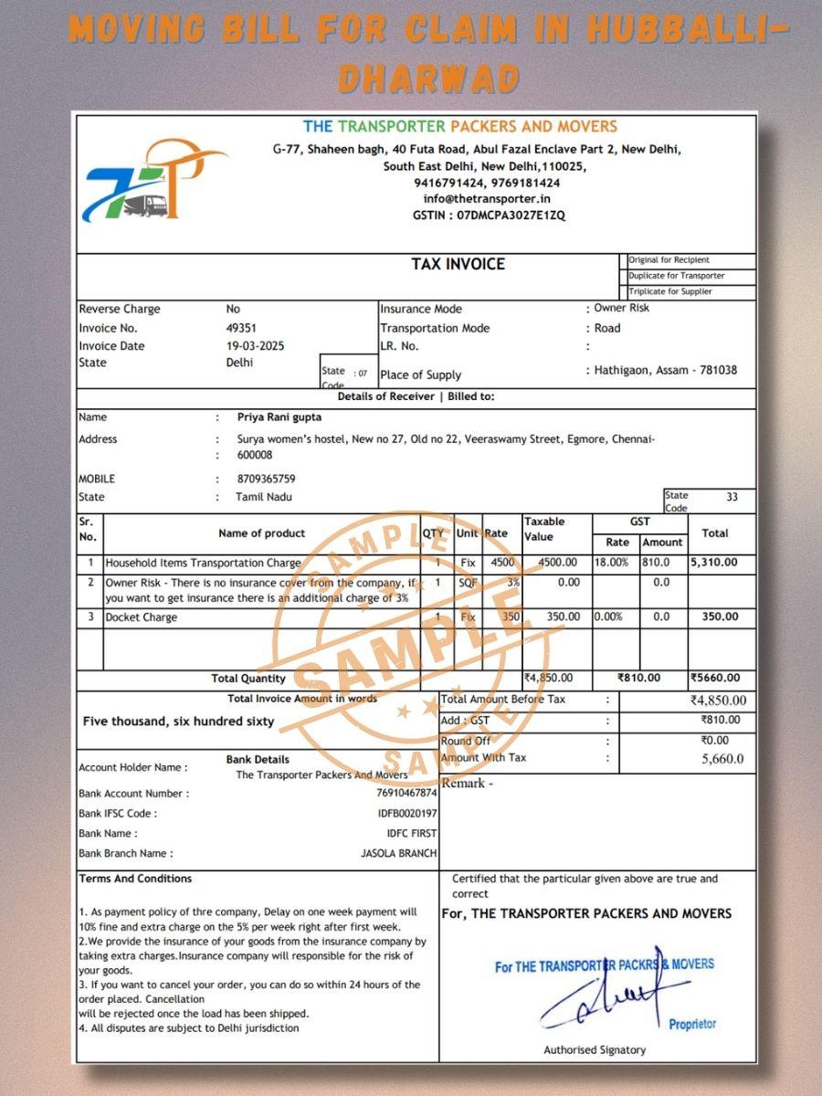 Verified Movers and Packers Bill for Claim in Hubballi-Dharwad