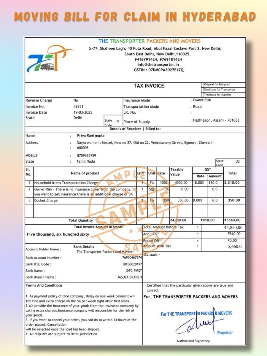 Verified Movers and Packers Bill for Claim in Hyderabad