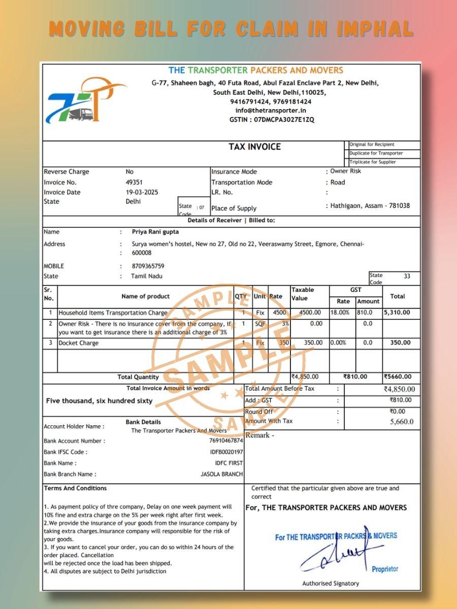 Verified Movers and Packers Bill for Claim in Imphal
