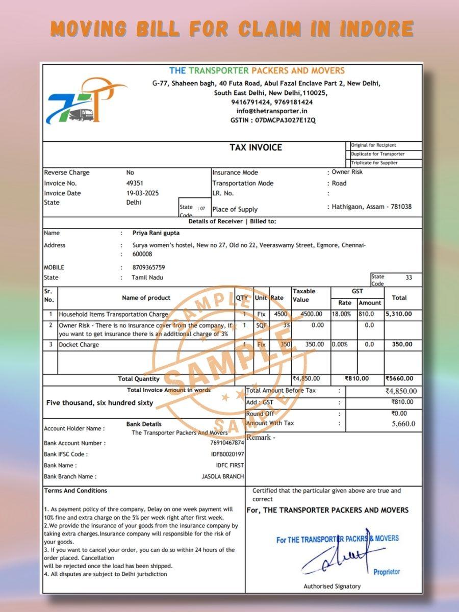 Verified Movers and Packers Bill for Claim in Indore