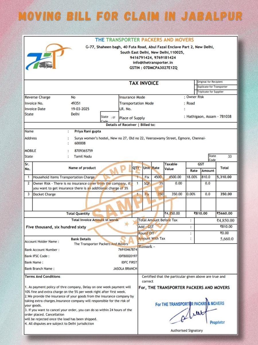 Verified Movers and Packers Bill for Claim in Jabalpur