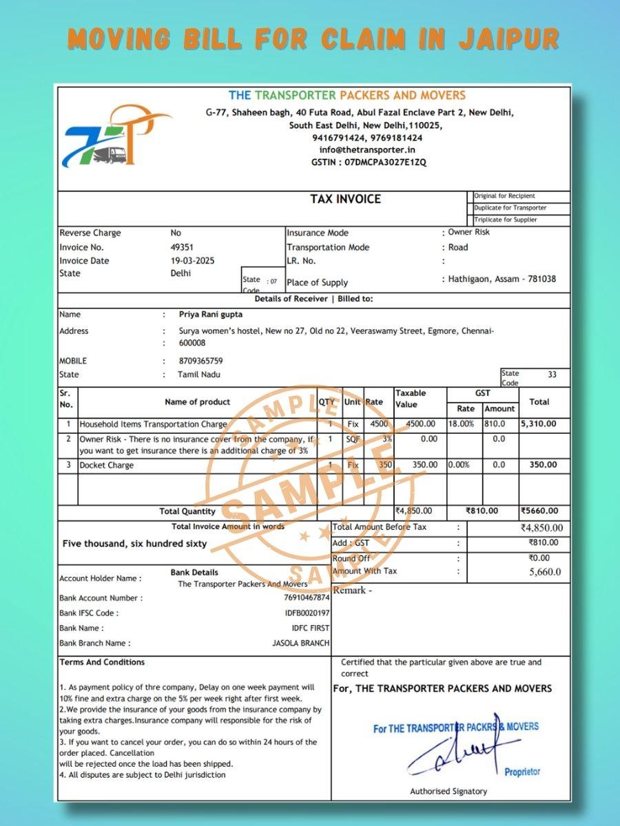 Verified Movers and Packers Bill for Claim in Jaipur