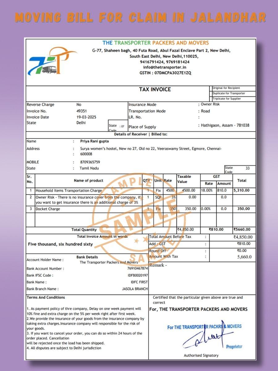 Verified Movers and Packers Bill for Claim in Jalandhar