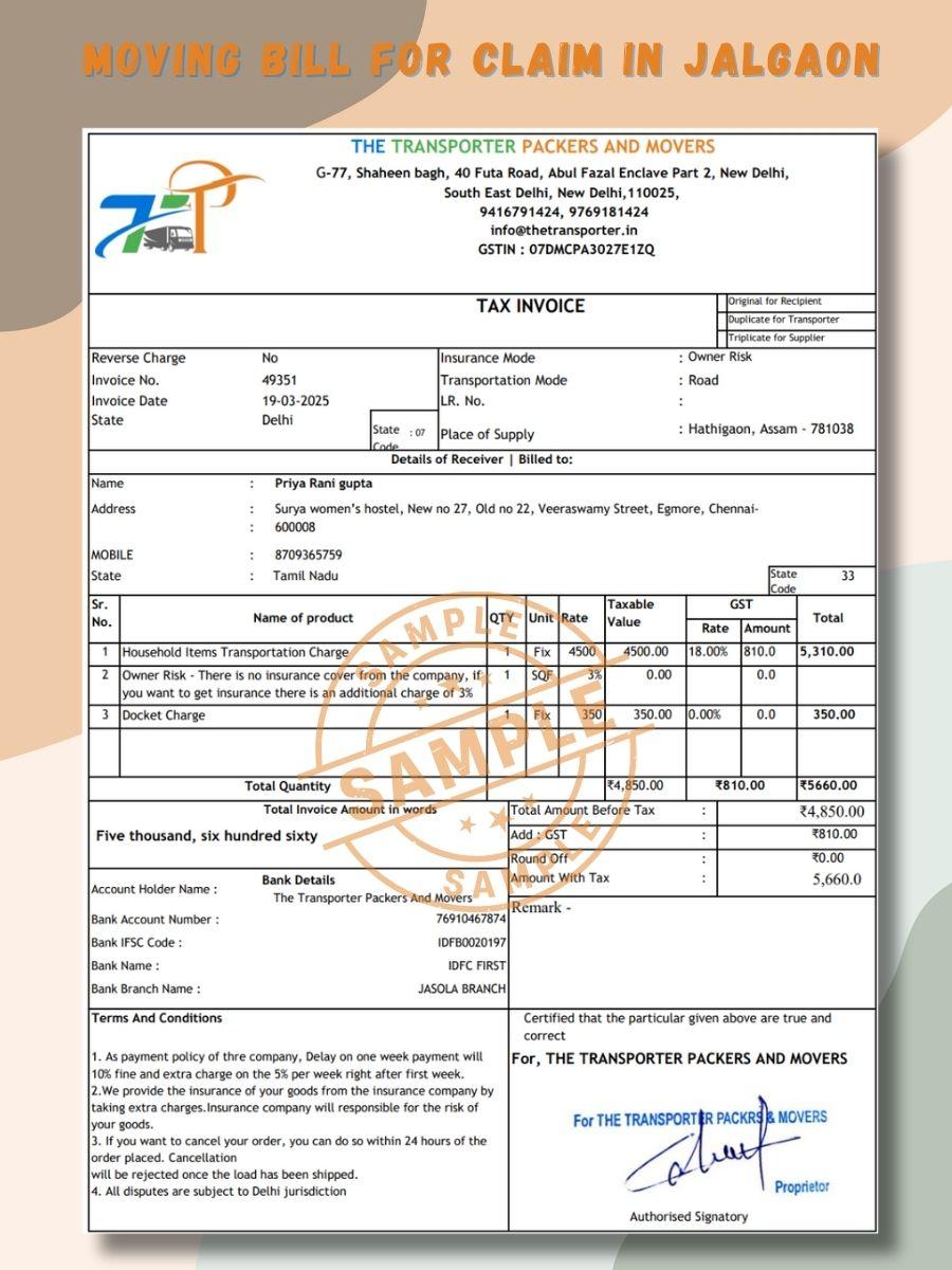 Verified Movers and Packers Bill for Claim in Jalgaon