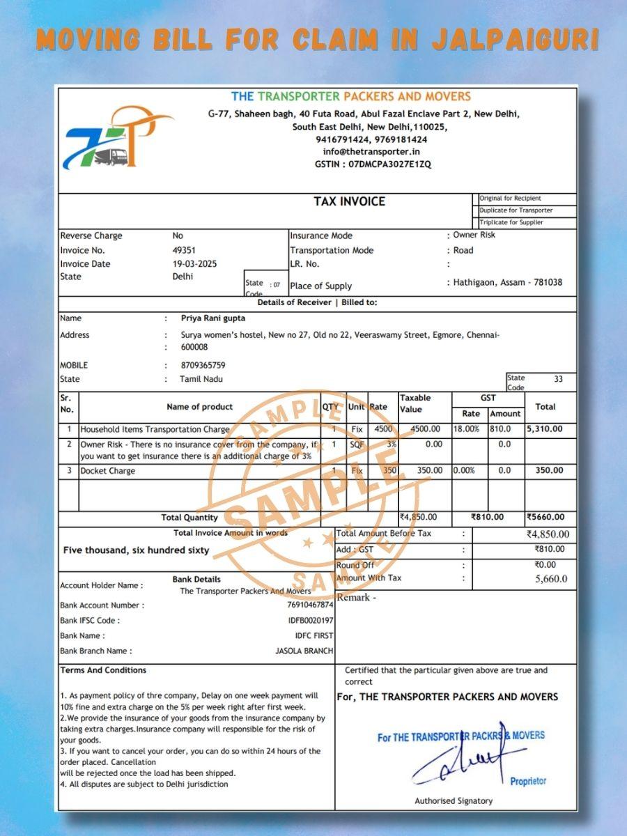 Verified Movers and Packers Bill for Claim in Jalpaiguri