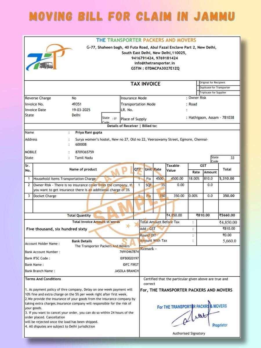 Verified Movers and Packers Bill for Claim in Jammu