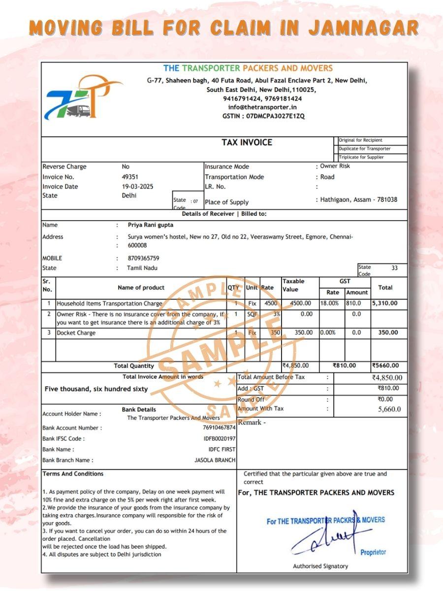 Verified Movers and Packers Bill for Claim in Jamnagar