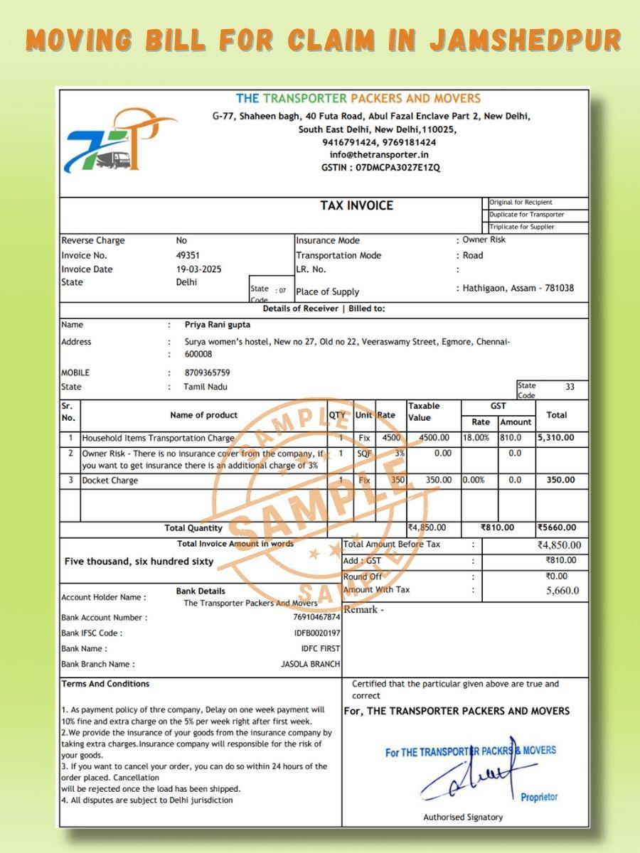 Verified Movers and Packers Bill for Claim in Jamshedpur