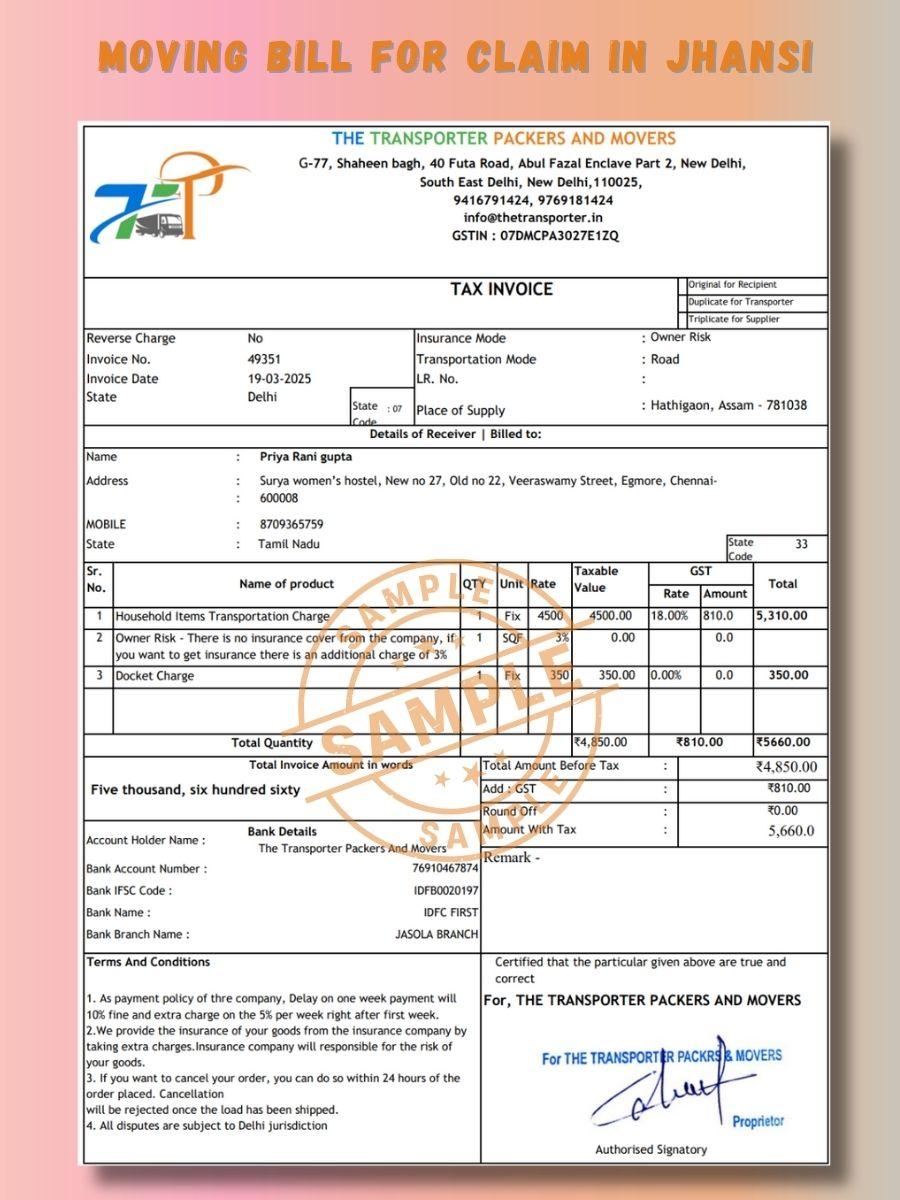 Verified Movers and Packers Bill for Claim in Jhansi