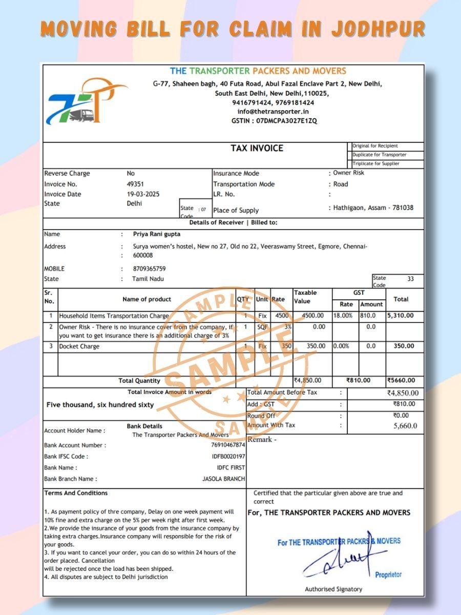 Verified Movers and Packers Bill for Claim in Jodhpur