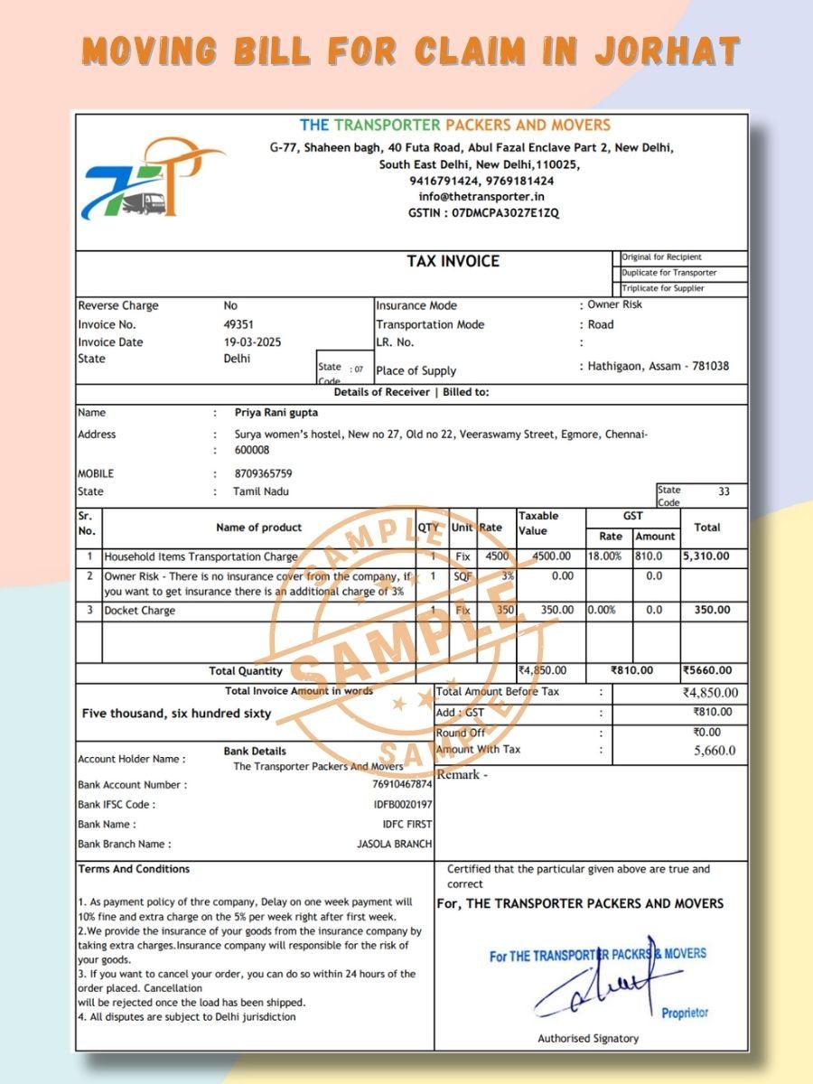 Verified Movers and Packers Bill for Claim in Jorhat