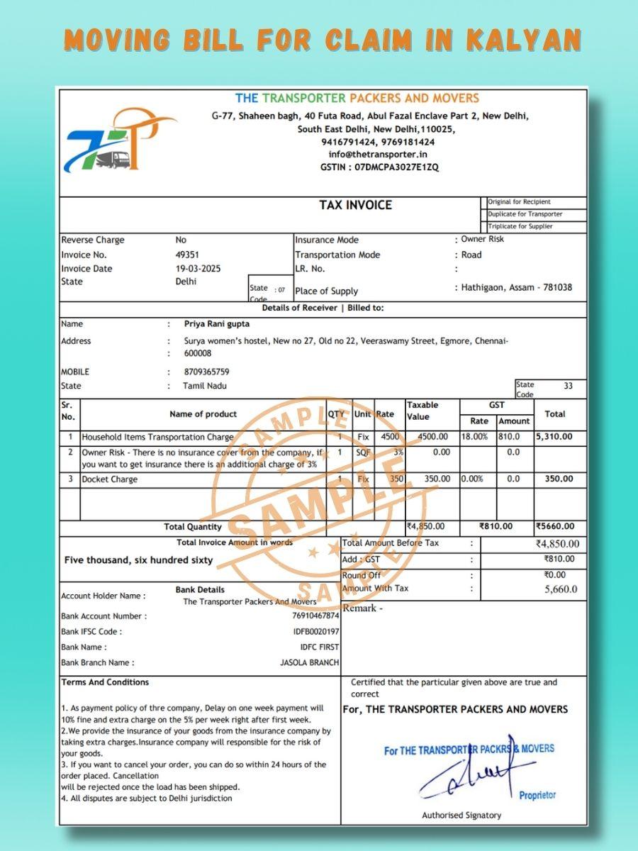 Verified Movers and Packers Bill for Claim in Kalyan