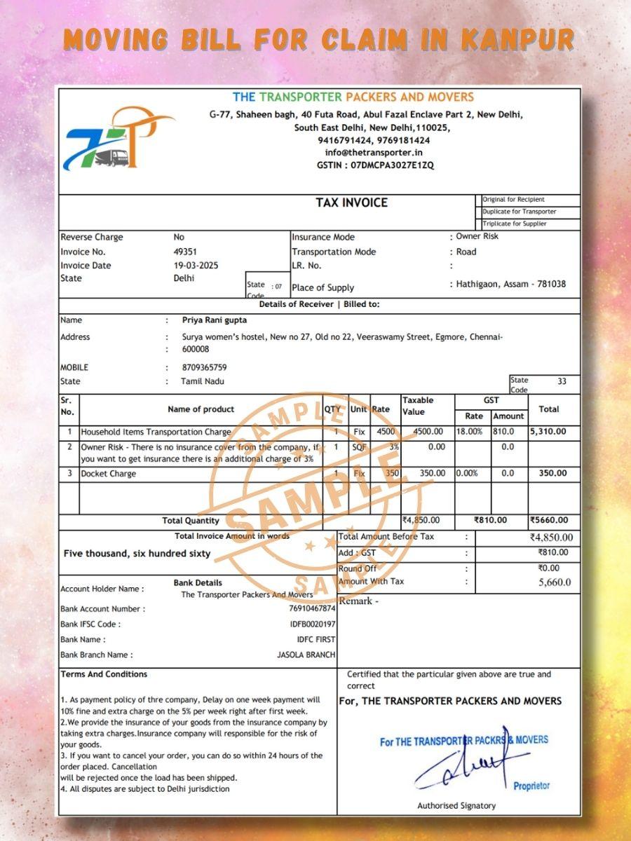 Verified Movers and Packers Bill for Claim in Kanpur