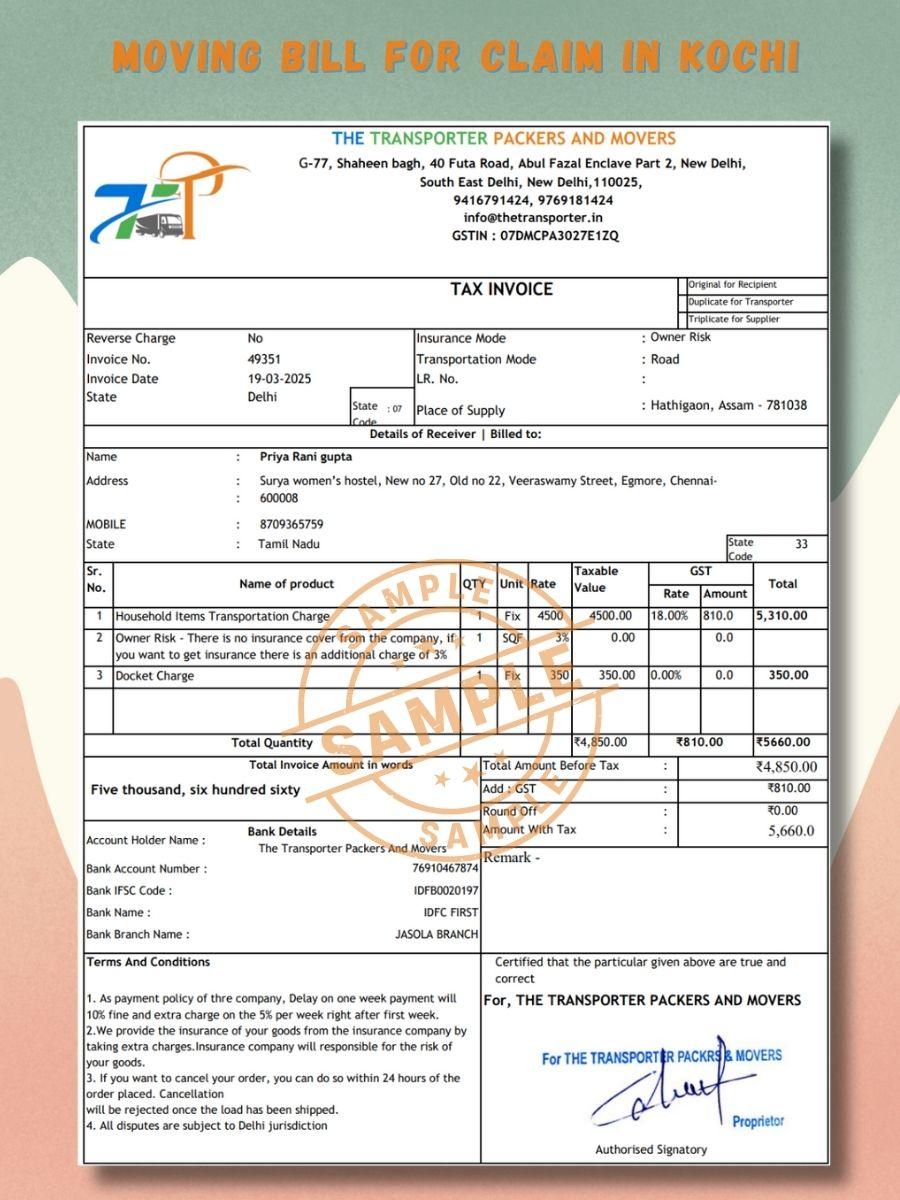 Verified Movers and Packers Bill for Claim in Kochi