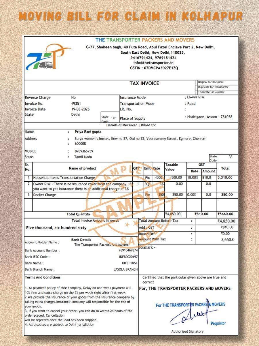 Verified Movers and Packers Bill for Claim in Kolhapur