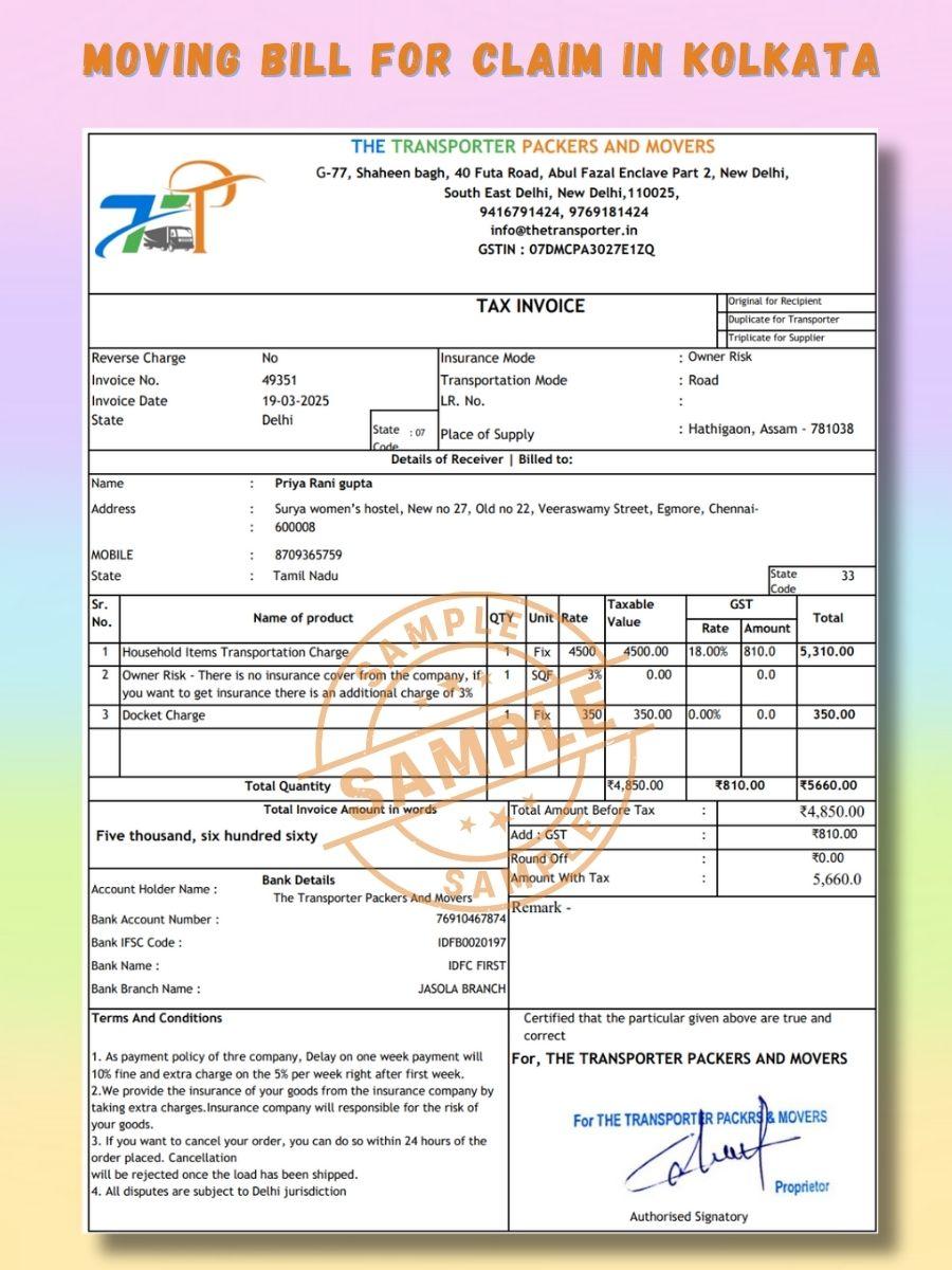 Verified Movers and Packers Bill for Claim in Kolkata